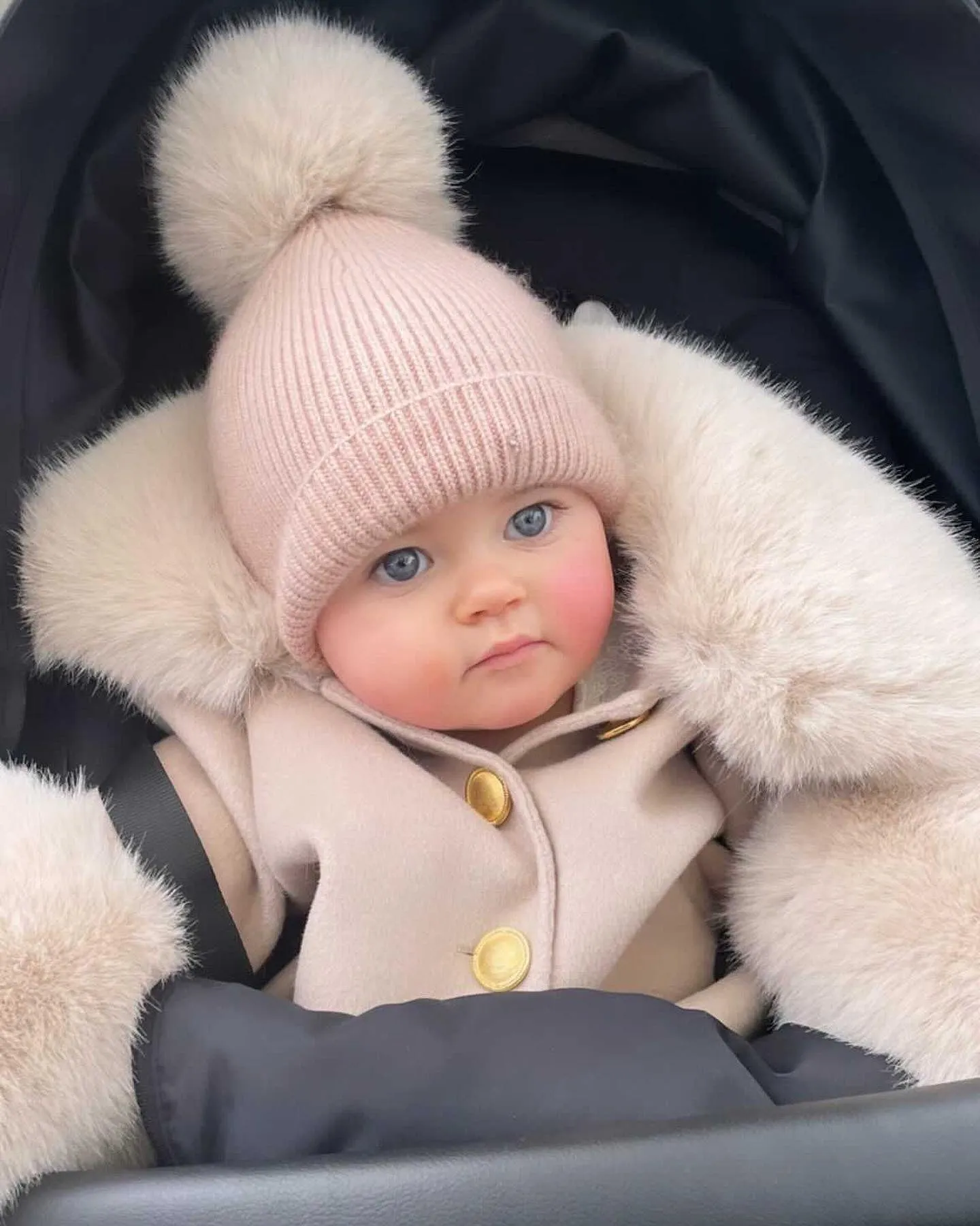 MI LOVES SIGNATURE Luxurious cashmere kids coat with Synthetic fur trim and cuffs in Beautiful Nude colour.