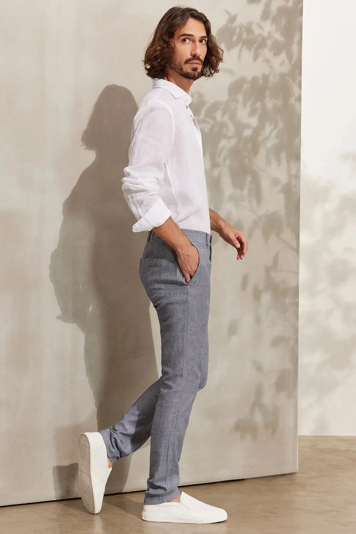 Navy Blue Linen Leon Men's Trousers