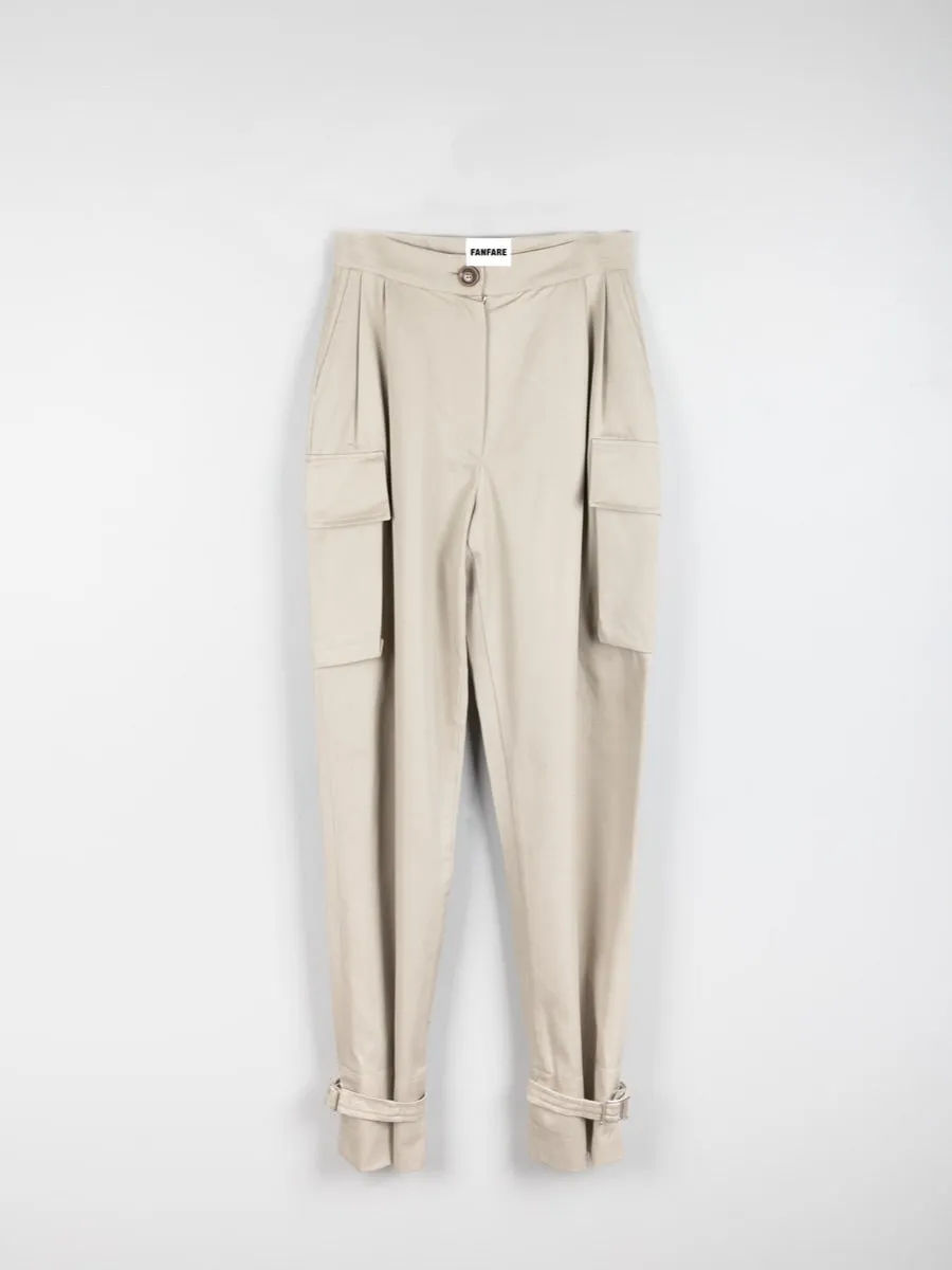 Organic Cotton Utility Cargo Pant With Buckles In Beige