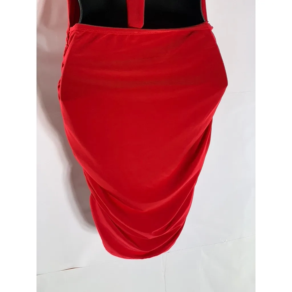 ORIGINAL Women's Red Straight-Neck Tie Open Back Ruched Bodycon Mini Dress SZ S