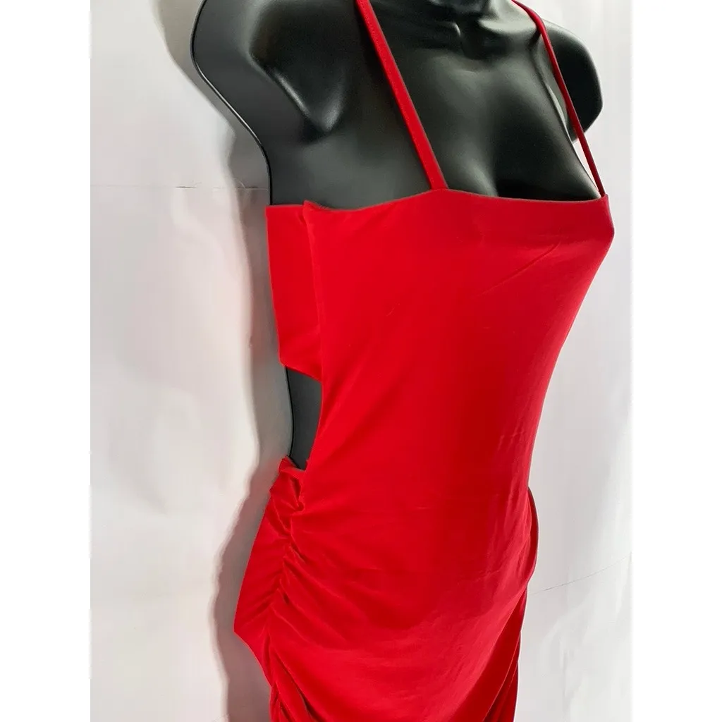 ORIGINAL Women's Red Straight-Neck Tie Open Back Ruched Bodycon Mini Dress SZ S