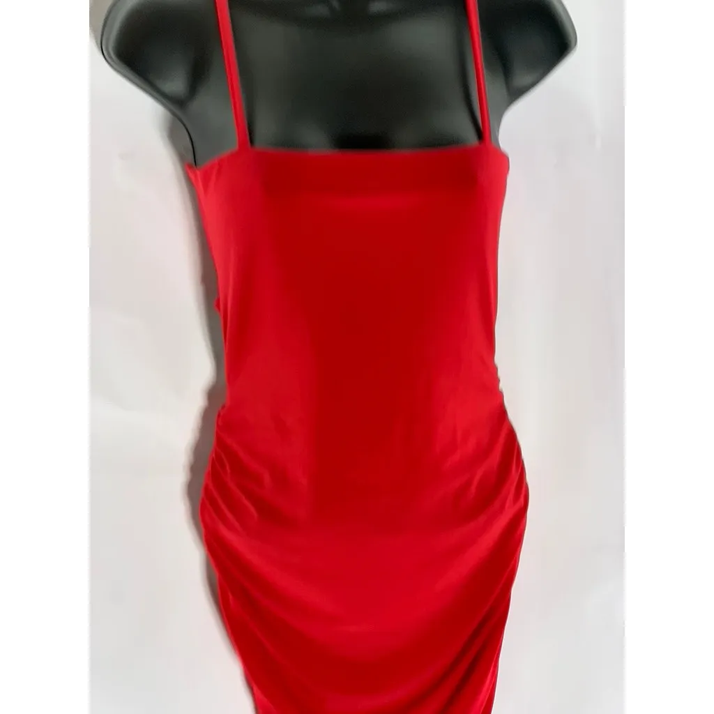 ORIGINAL Women's Red Straight-Neck Tie Open Back Ruched Bodycon Mini Dress SZ S
