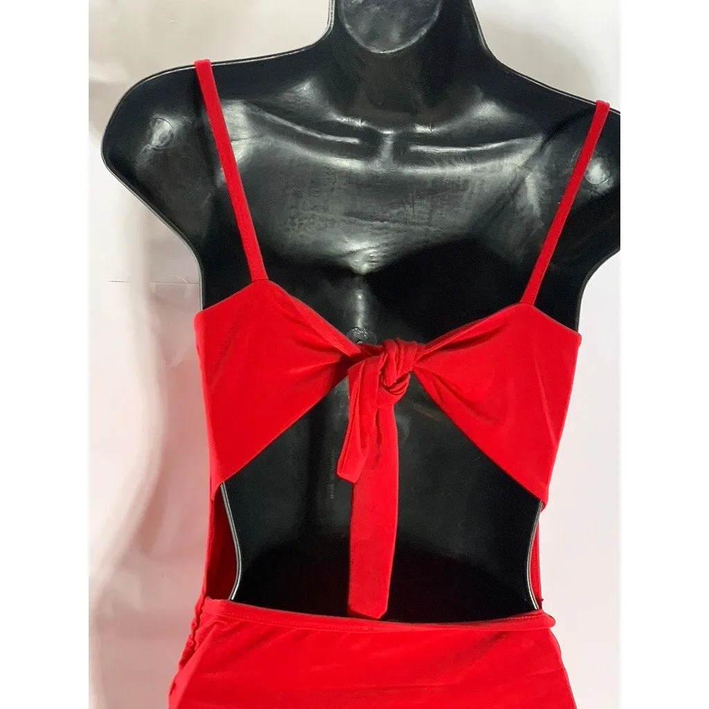 ORIGINAL Women's Red Straight-Neck Tie Open Back Ruched Bodycon Mini Dress SZ S