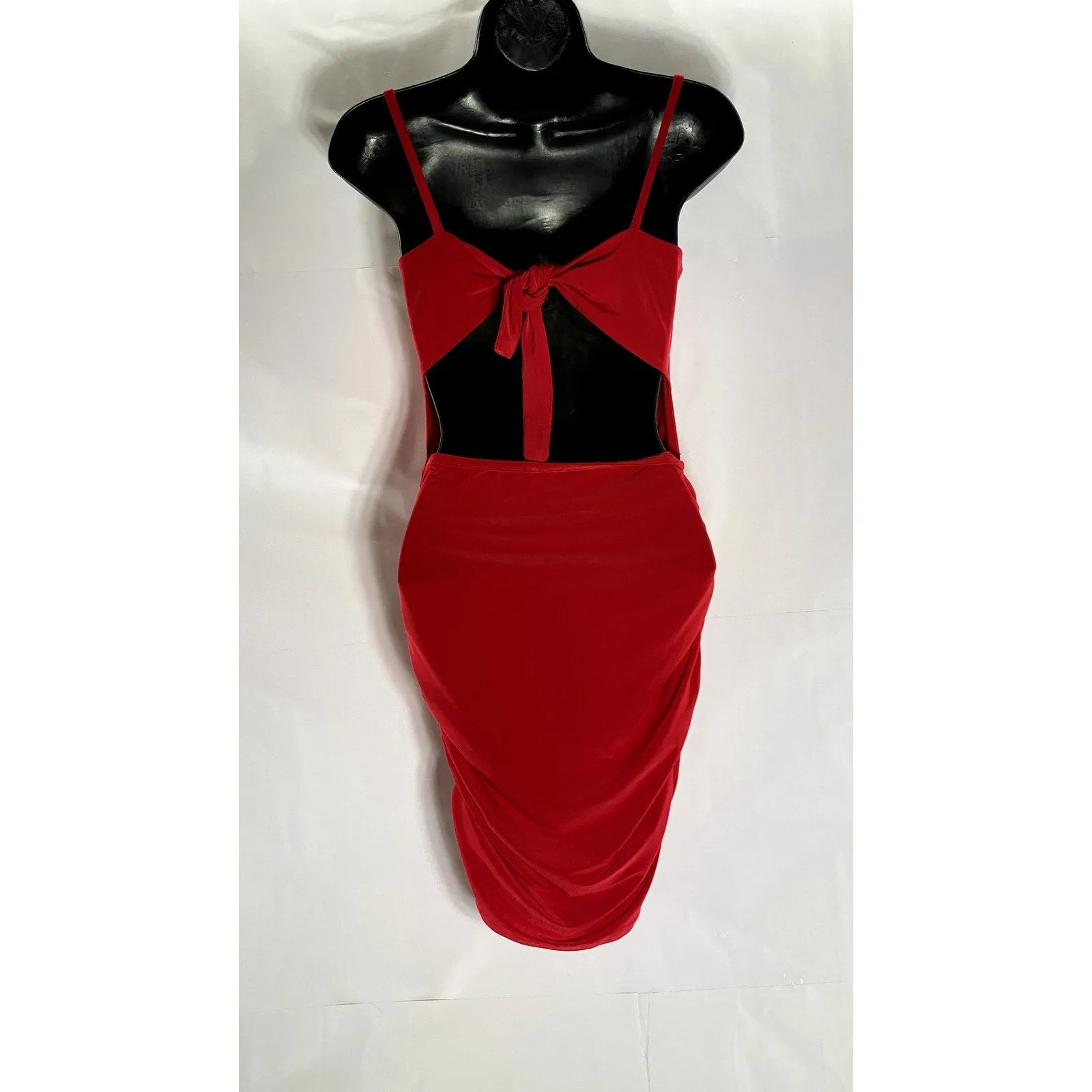 ORIGINAL Women's Red Straight-Neck Tie Open Back Ruched Bodycon Mini Dress SZ S