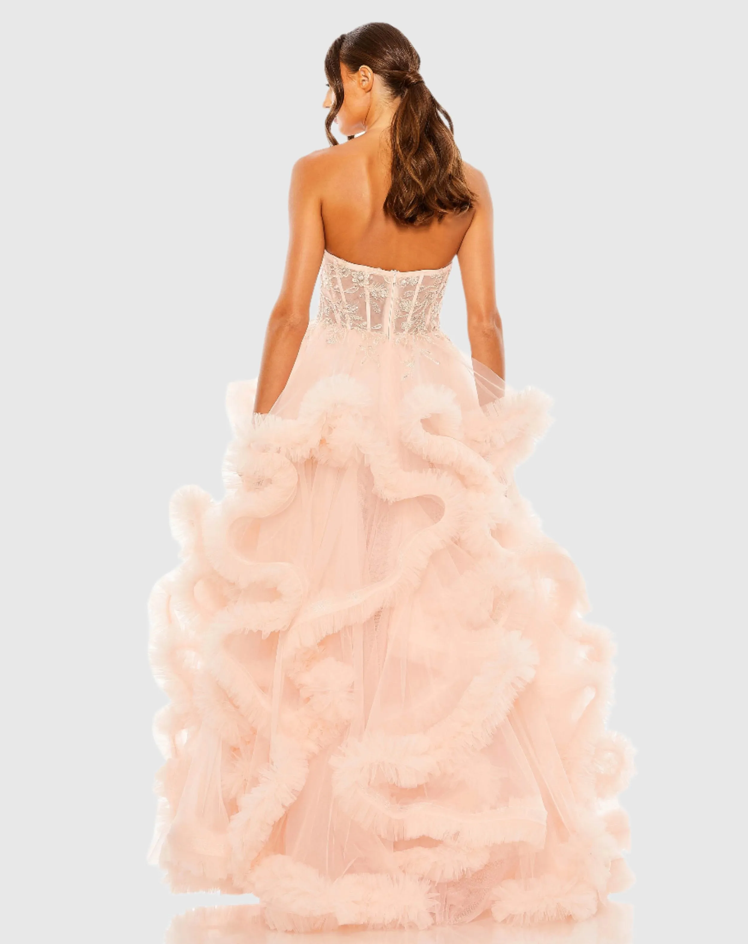 Pink Strapless Corset Detail Tulle Layered Gown