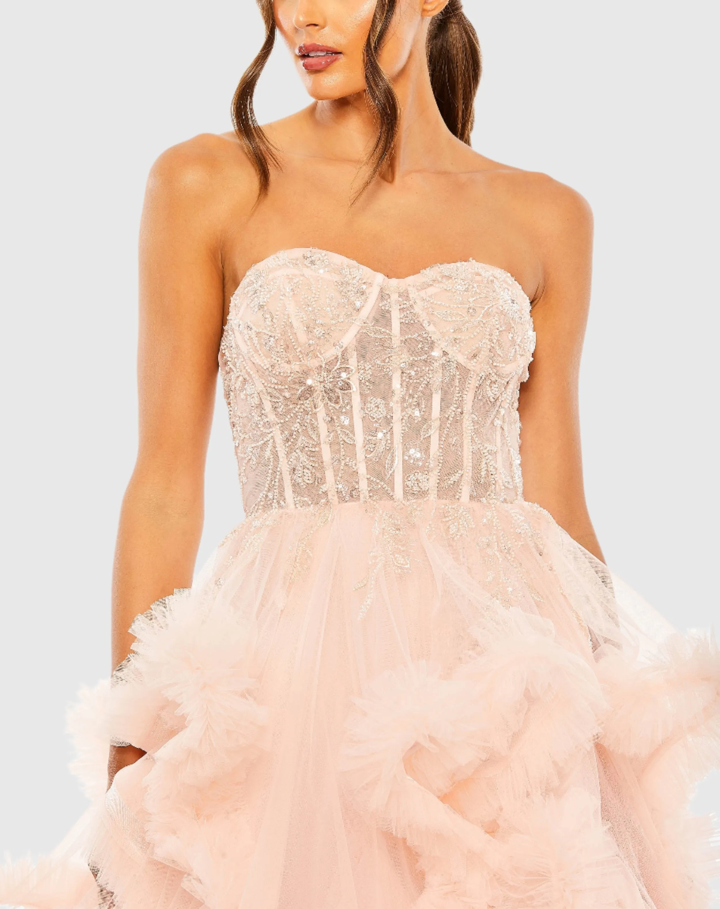 Pink Strapless Corset Detail Tulle Layered Gown