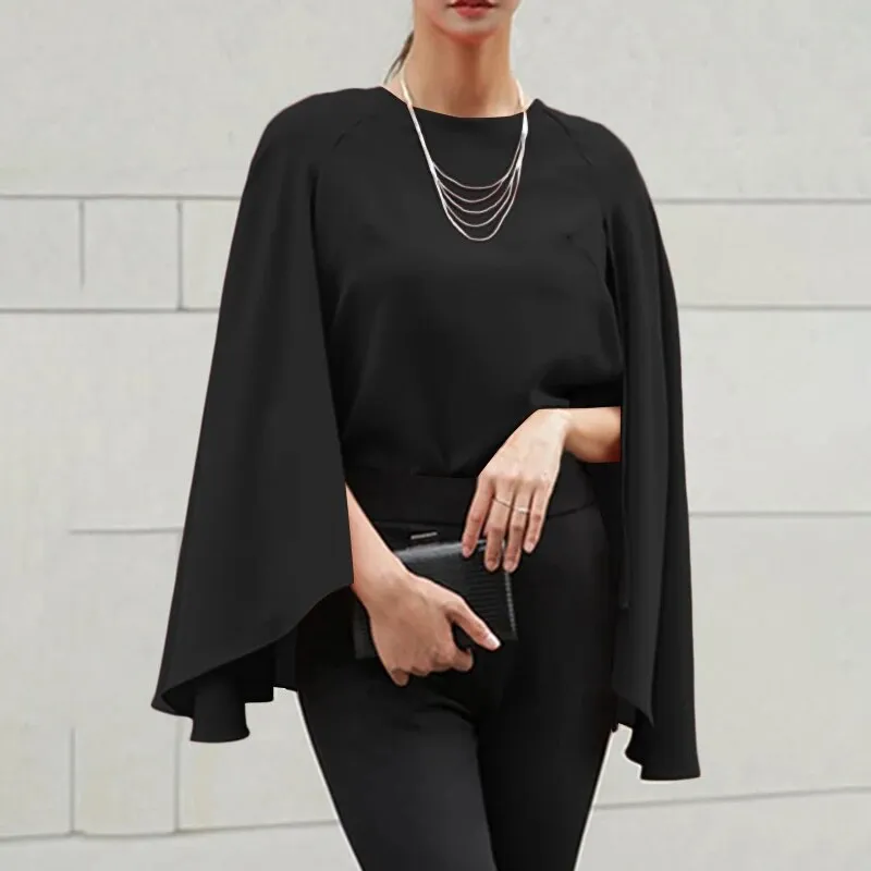 Poncho Style Casual O Neck Loose Tunic Blouse