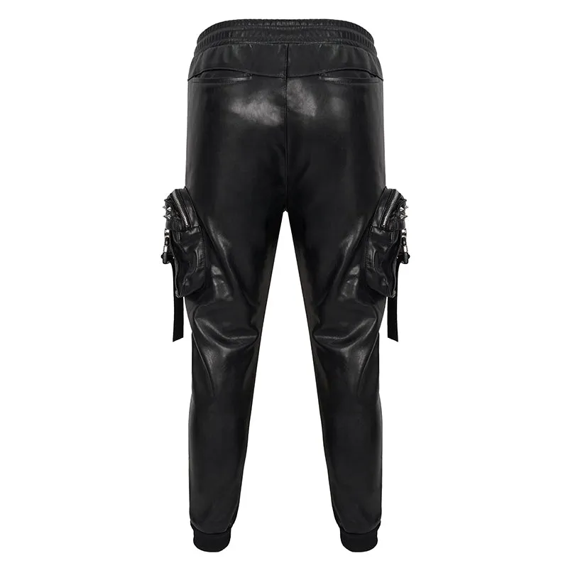 PT184 Men's side pockets metal decoration leather feet pants