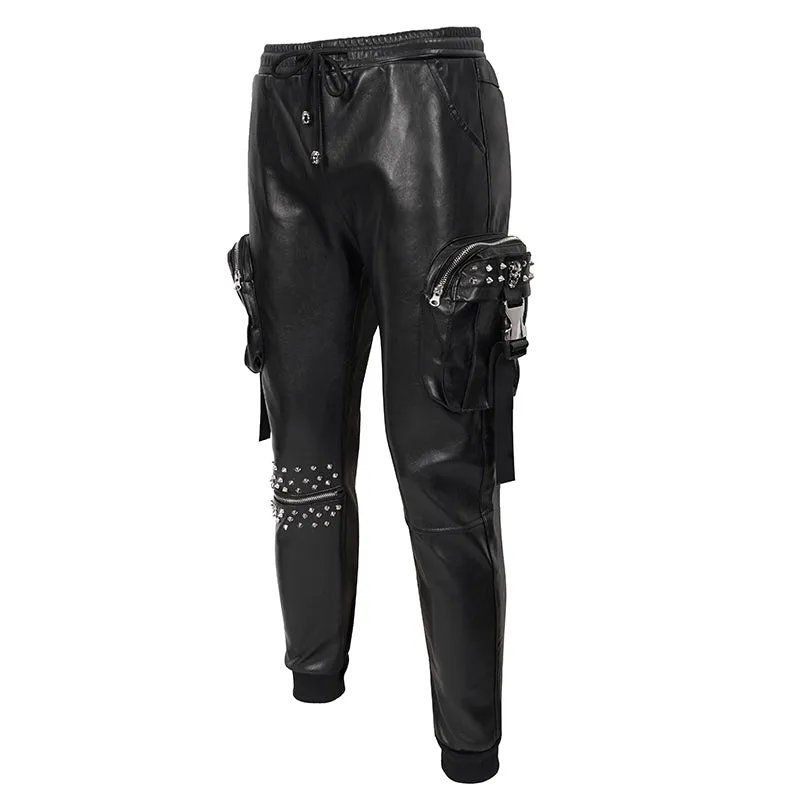 PT184 Men's side pockets metal decoration leather feet pants