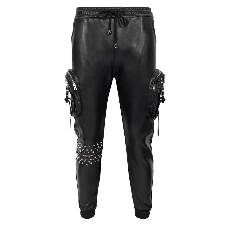 PT184 Men's side pockets metal decoration leather feet pants