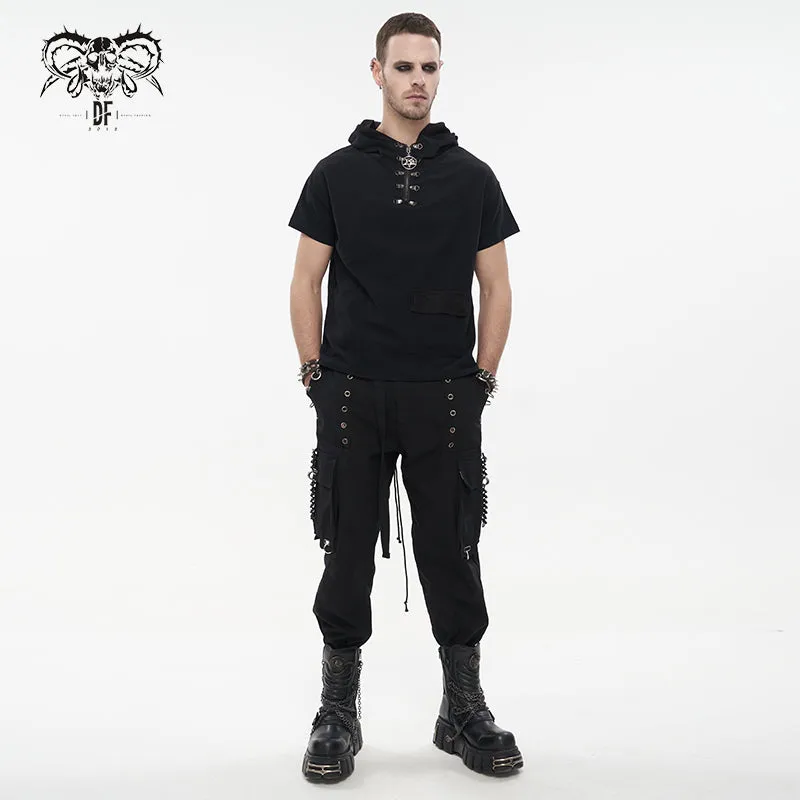 PT184 Men's side pockets metal decoration leather feet pants