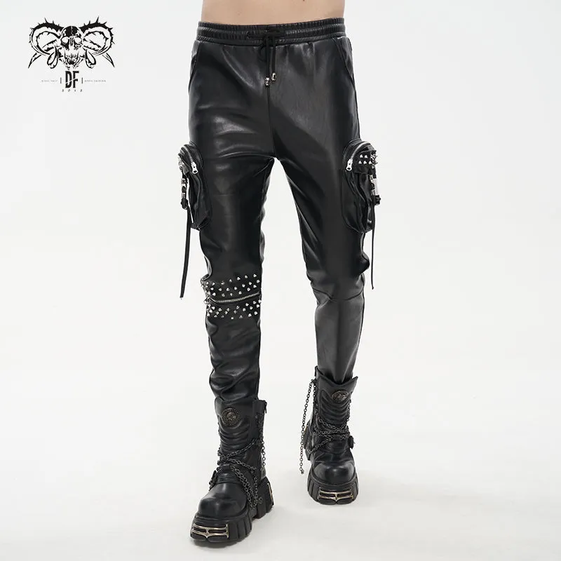 PT184 Men's side pockets metal decoration leather feet pants