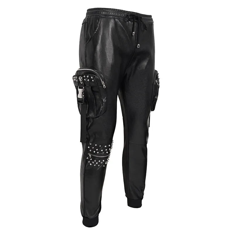 PT184 Men's side pockets metal decoration leather feet pants