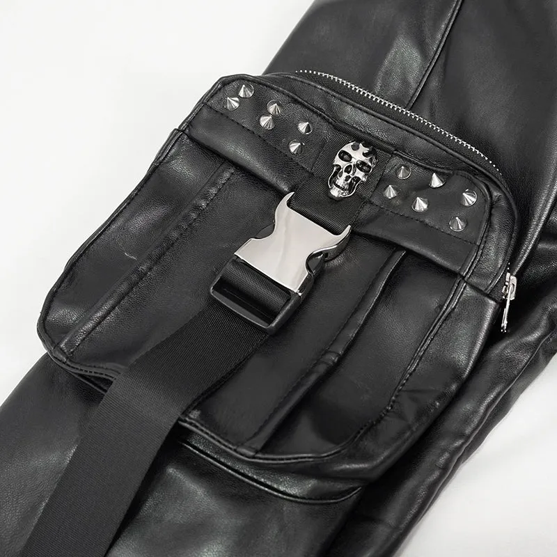 PT184 Men's side pockets metal decoration leather feet pants