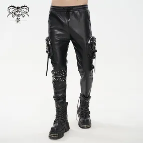 PT184 Men's side pockets metal decoration leather feet pants