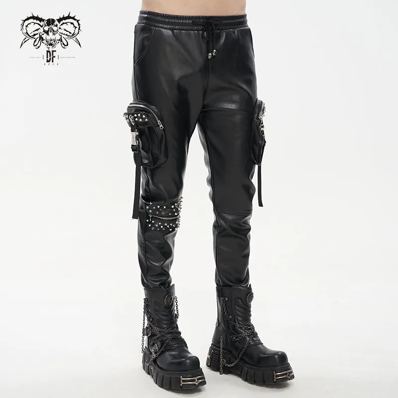 PT184 Men's side pockets metal decoration leather feet pants