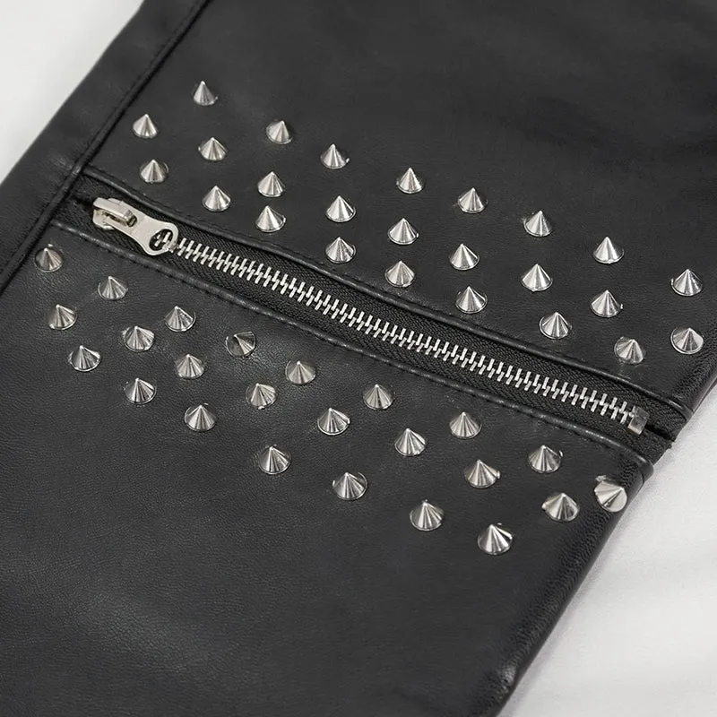 PT184 Men's side pockets metal decoration leather feet pants