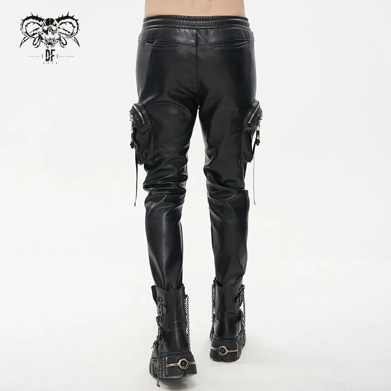 PT184 Men's side pockets metal decoration leather feet pants
