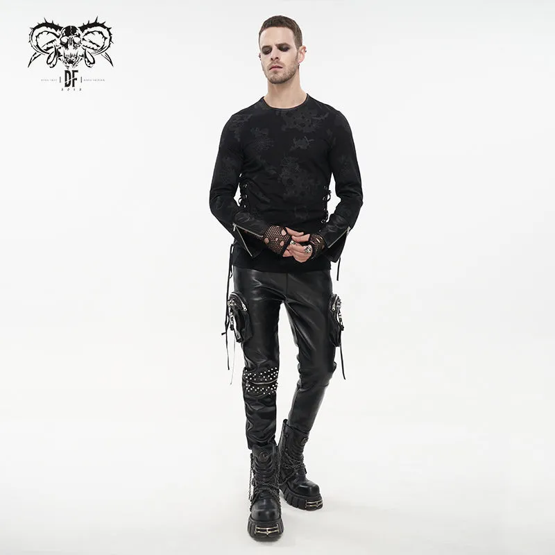 PT184 Men's side pockets metal decoration leather feet pants