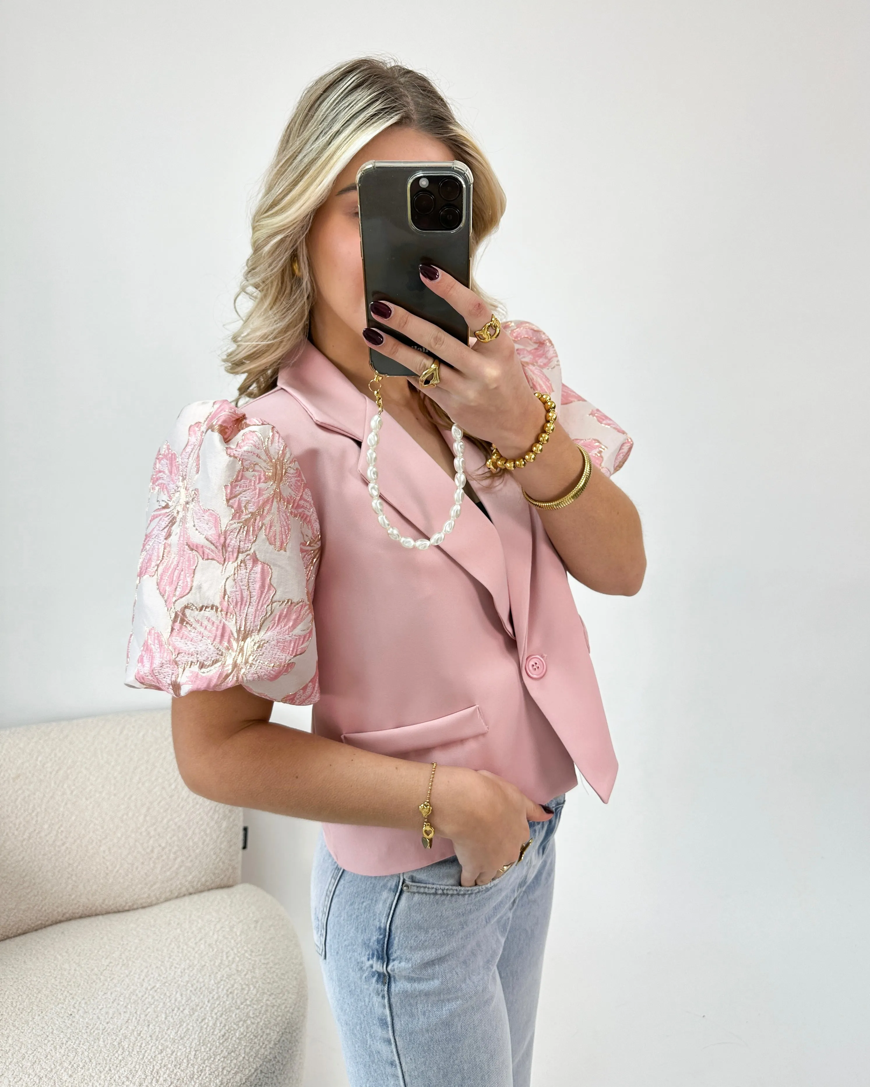 Puff Sleeve Flower Blazer Baby Pink