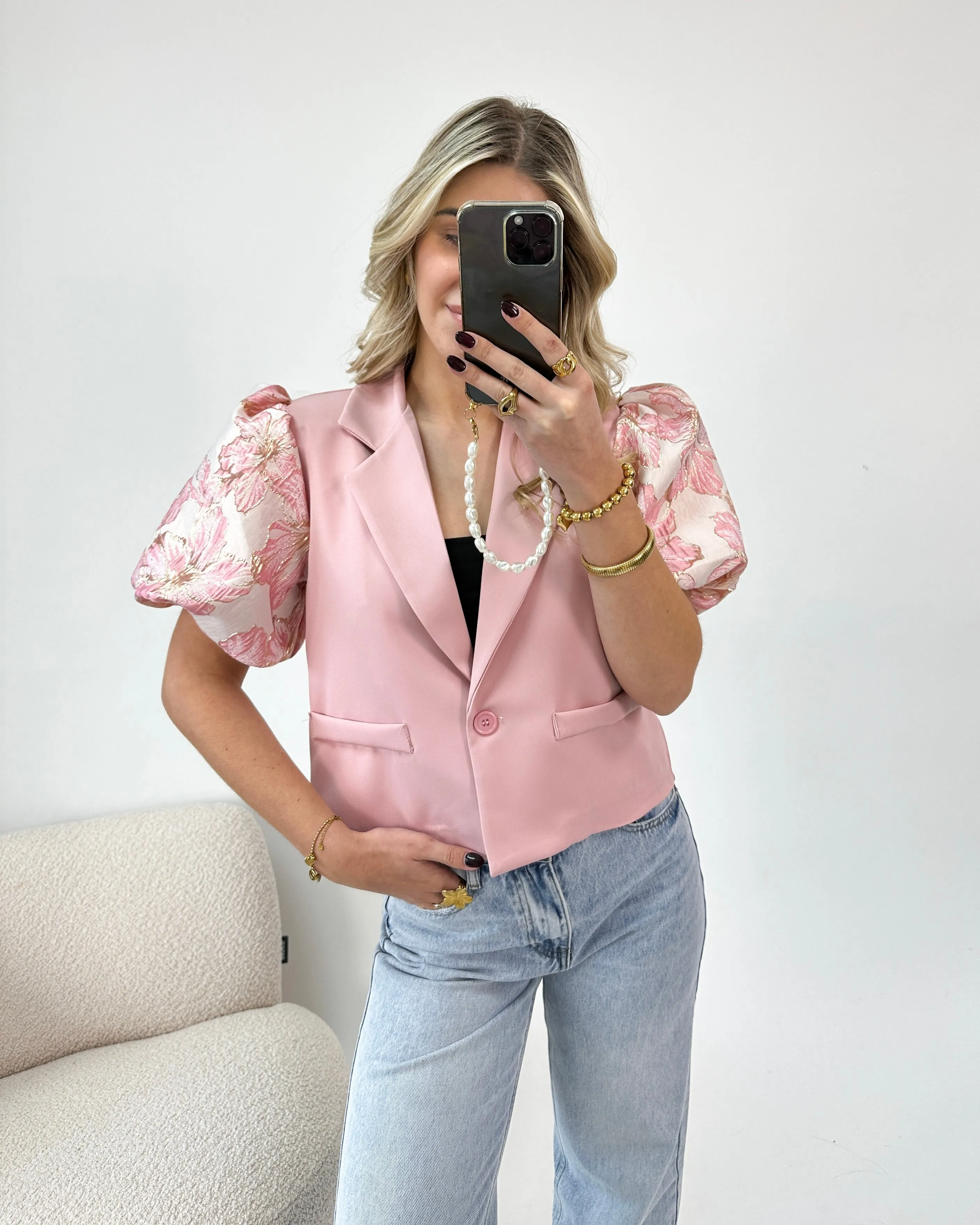 Puff Sleeve Flower Blazer Baby Pink