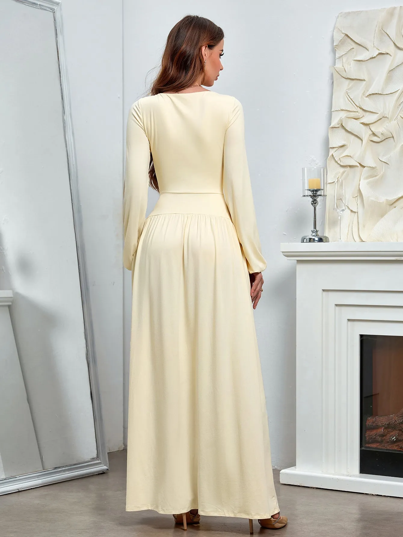 Puff Sleeve Square Neck Flared Bodycon Long Dress