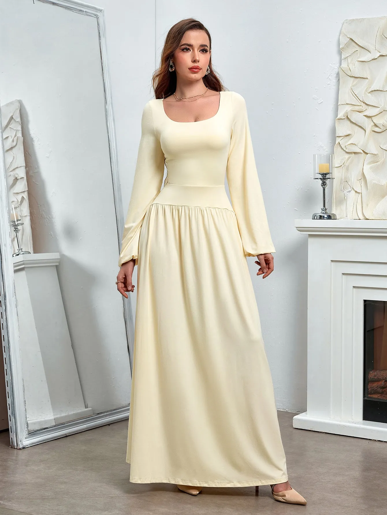 Puff Sleeve Square Neck Flared Bodycon Long Dress