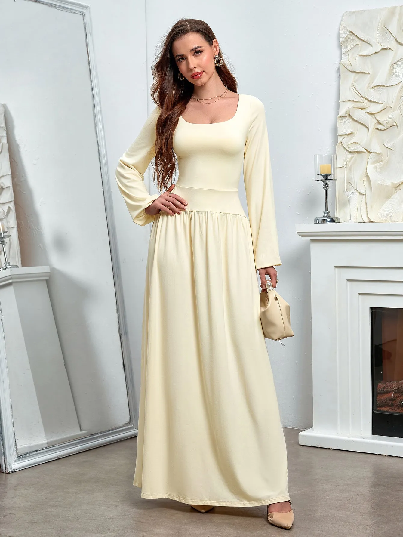 Puff Sleeve Square Neck Flared Bodycon Long Dress