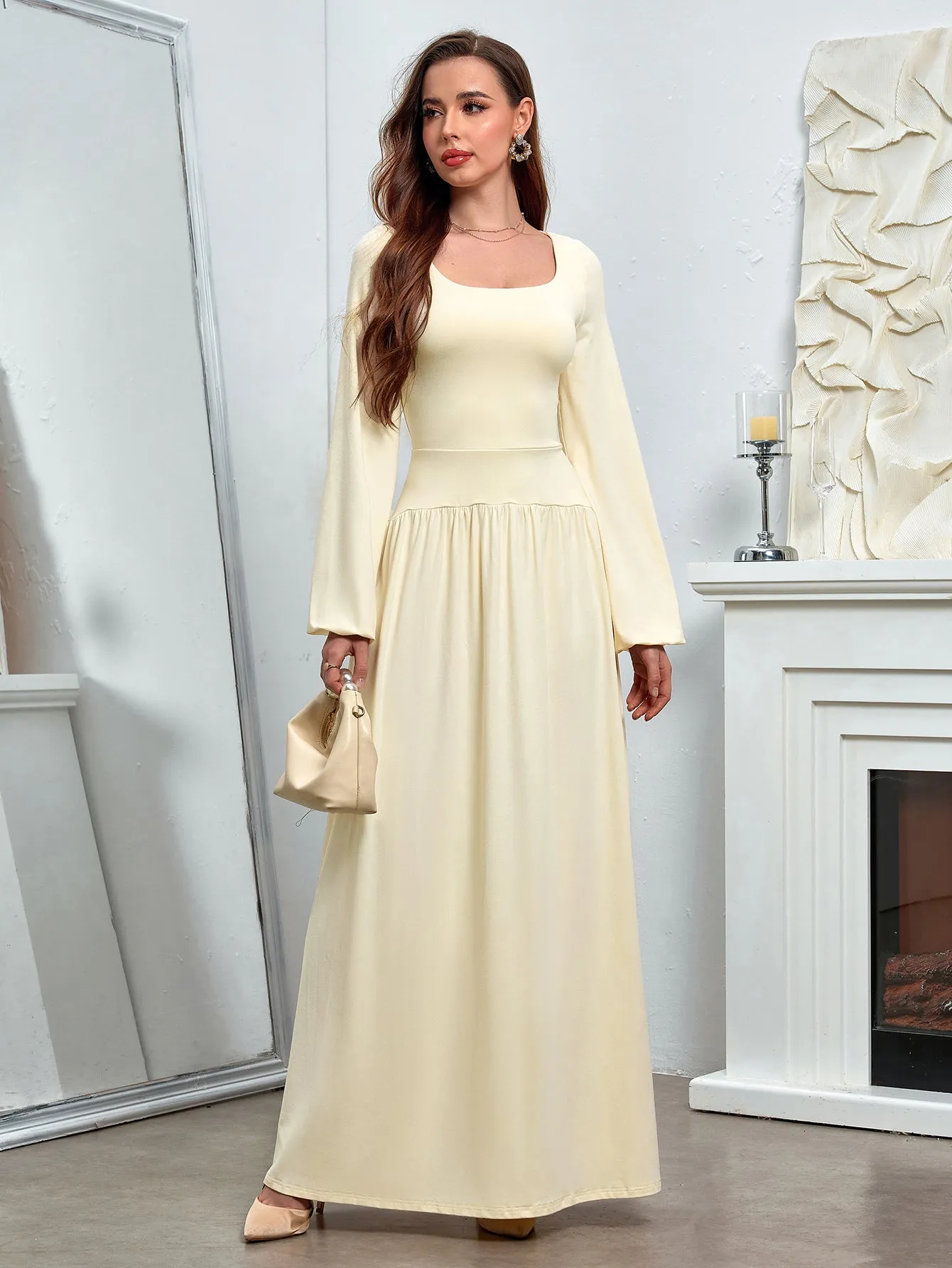 Puff Sleeve Square Neck Flared Bodycon Long Dress