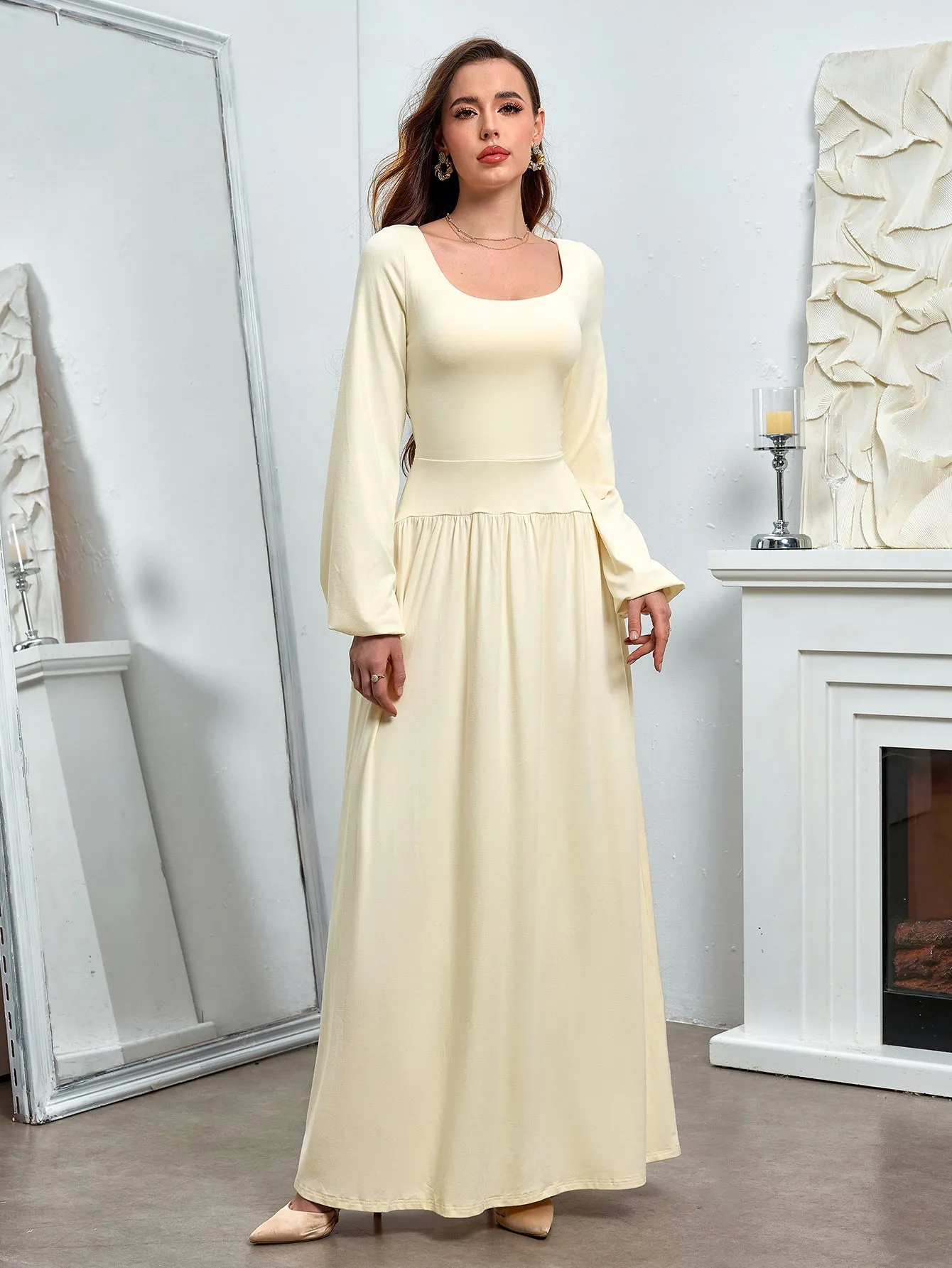 Puff Sleeve Square Neck Flared Bodycon Long Dress