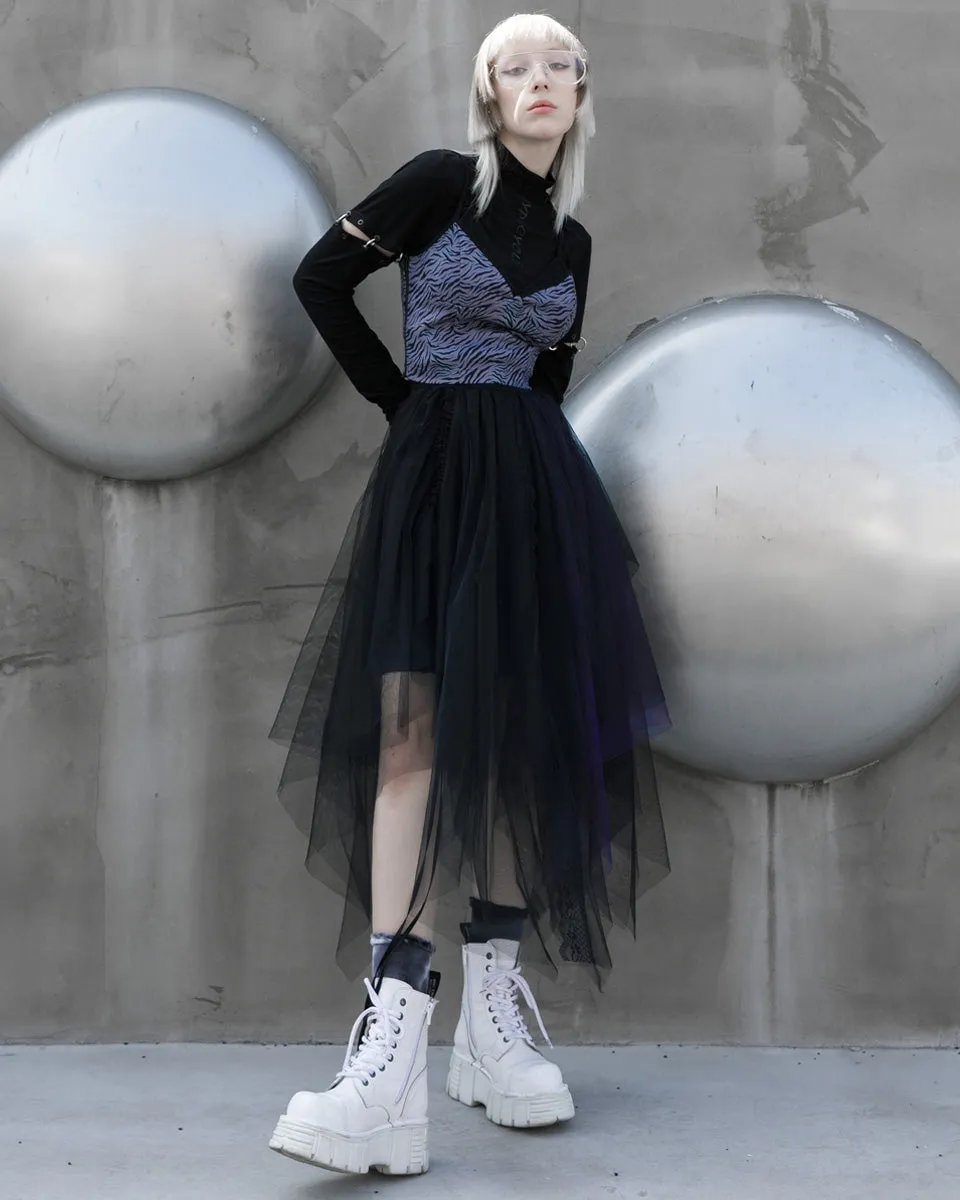 Punk Rave Daily Life Layered Mesh Electropunk Asymmetric Skirt - Black & Purple