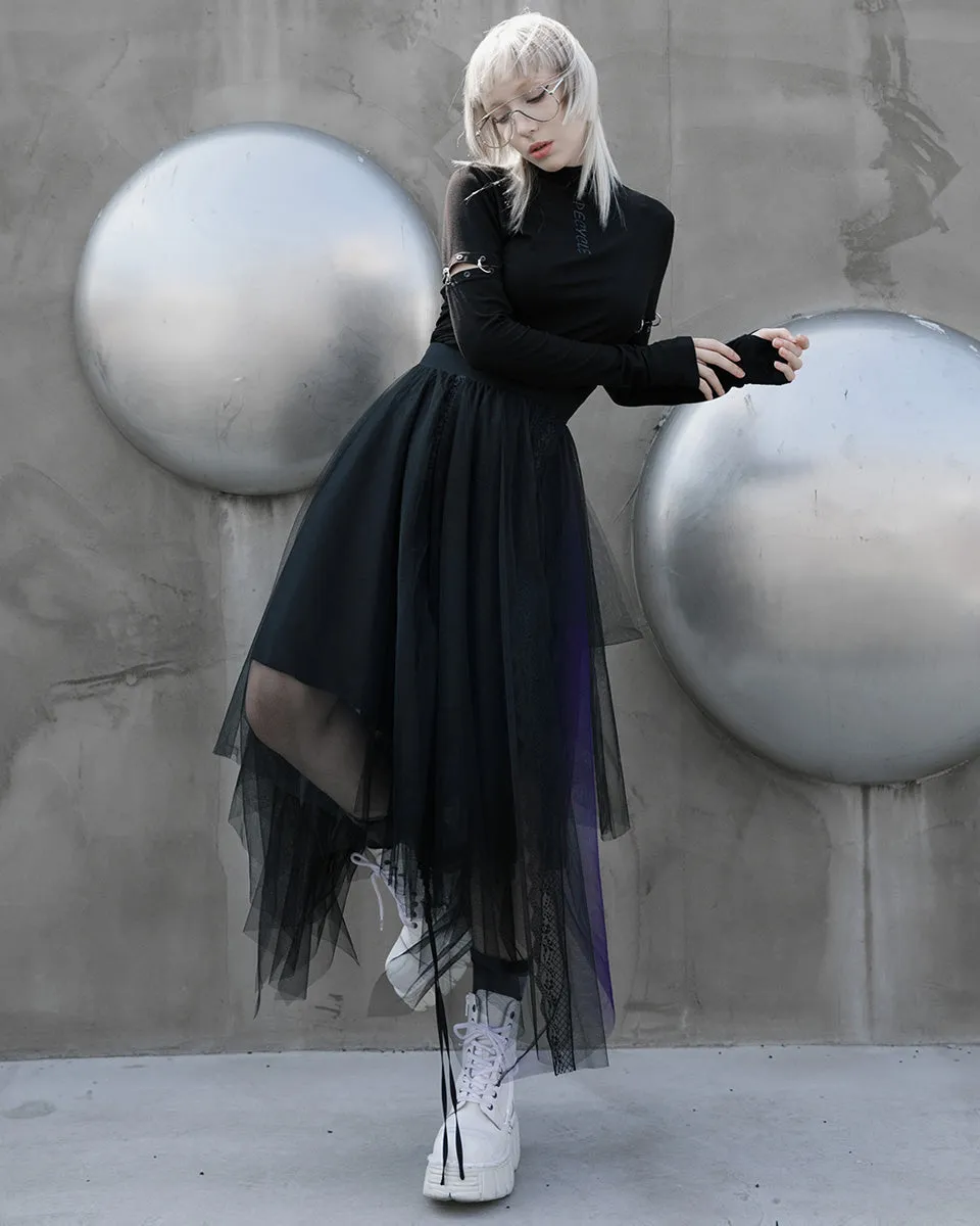 Punk Rave Daily Life Layered Mesh Electropunk Asymmetric Skirt - Black & Purple