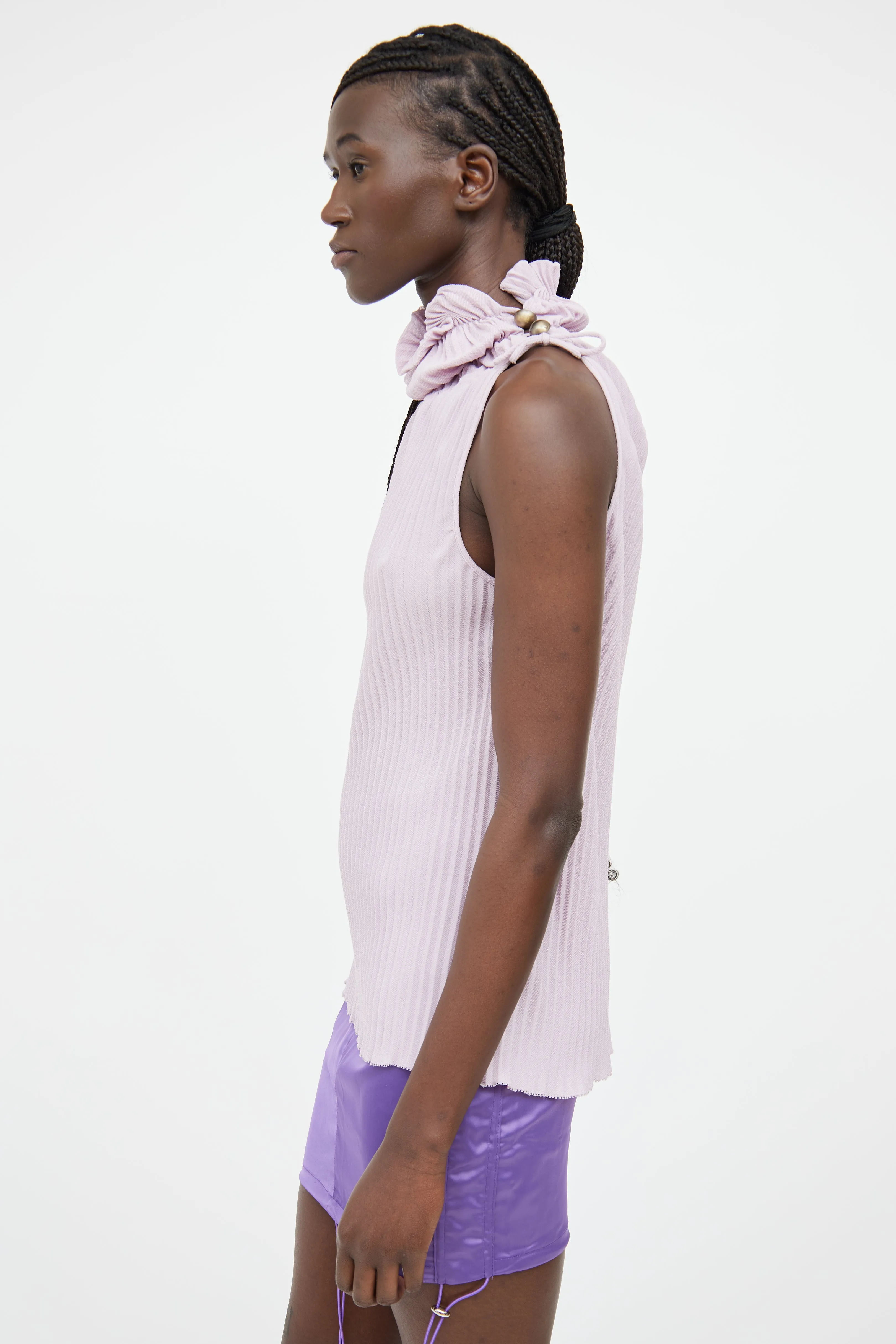 Purple Pleated Turtleneck Sleeveless Top