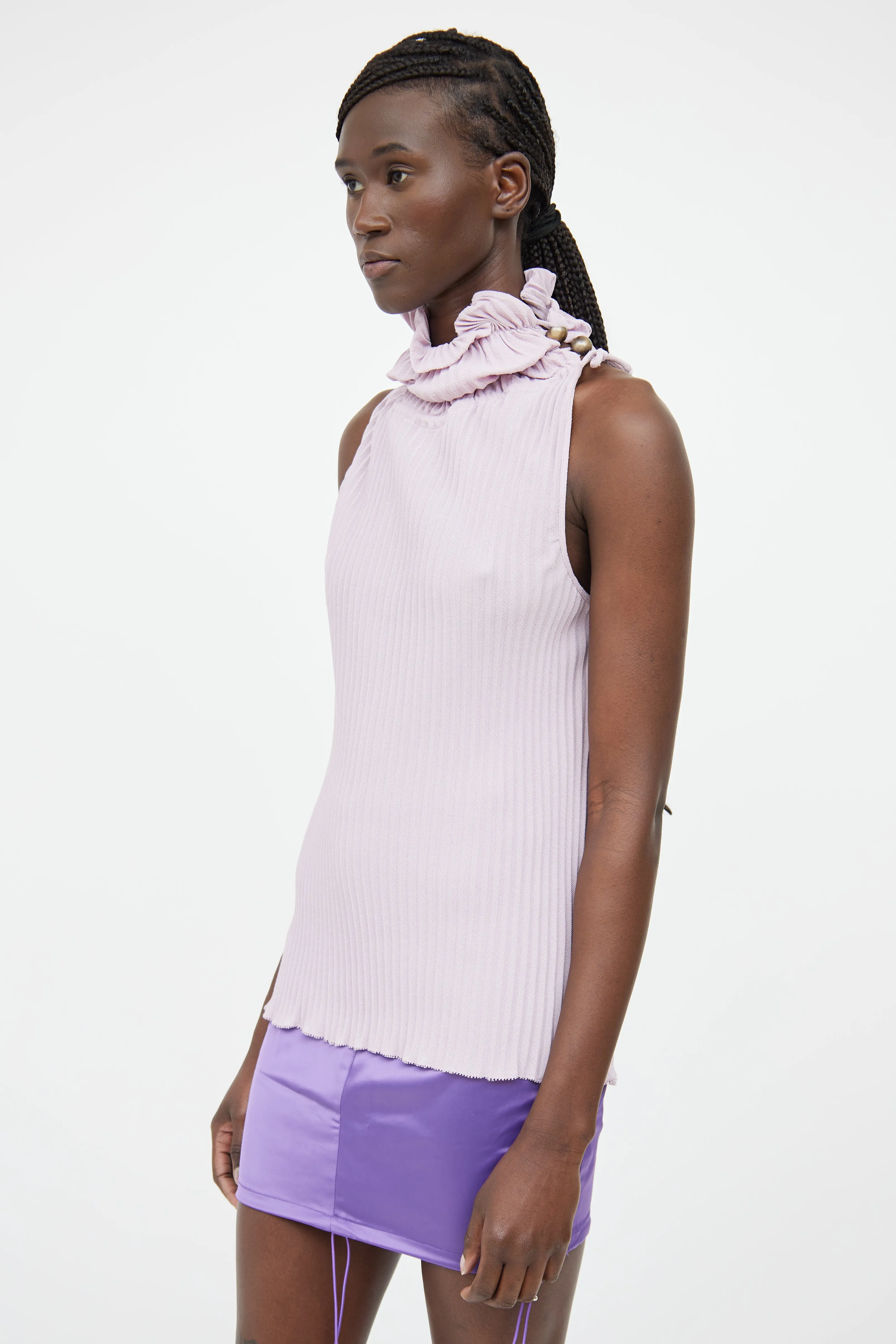 Purple Pleated Turtleneck Sleeveless Top