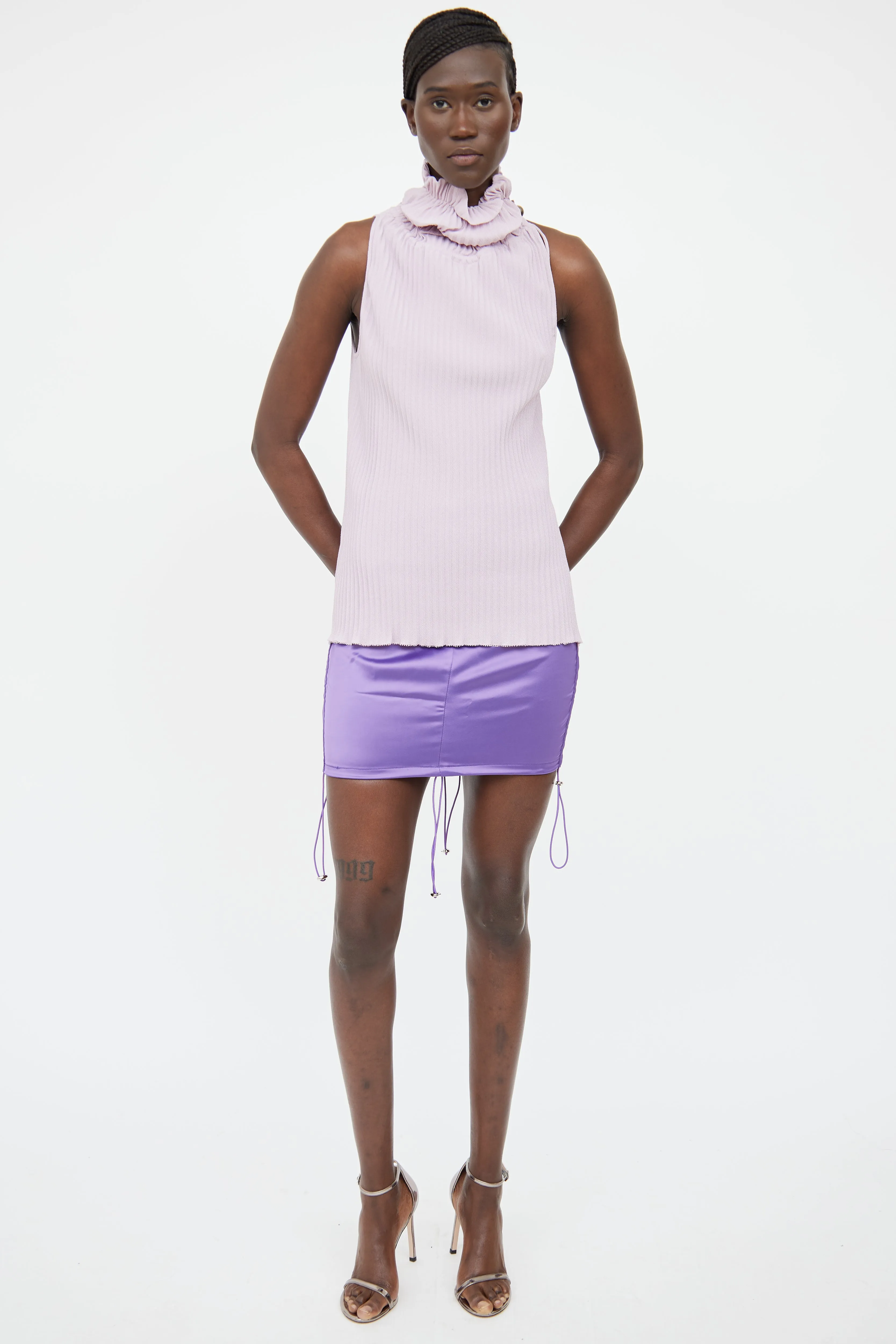 Purple Pleated Turtleneck Sleeveless Top