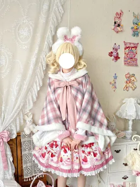 Qianmu~Waffle~Kawaii Lolita Cape Daily Lolita Plaid Hoodie Cloak