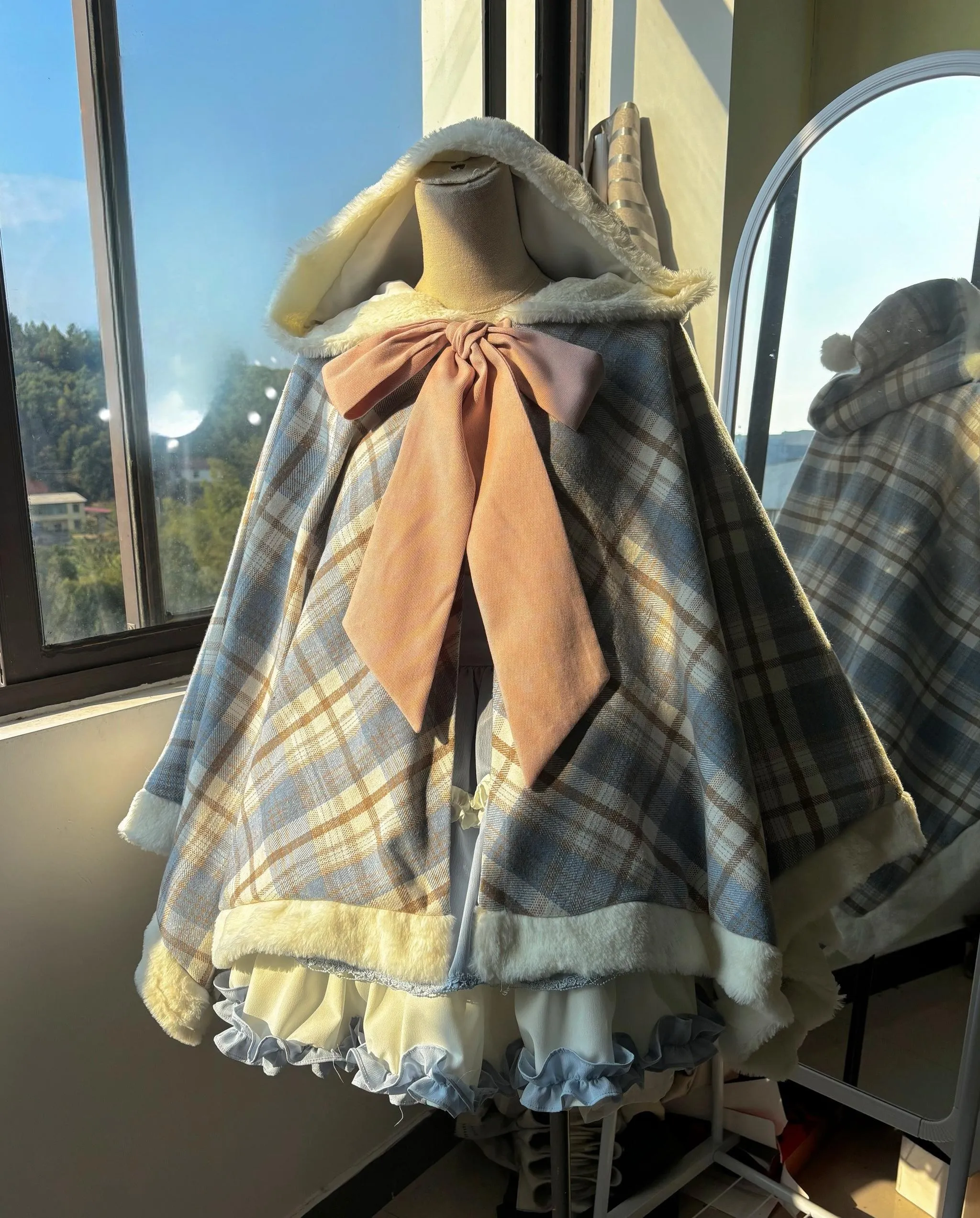 Qianmu~Waffle~Kawaii Lolita Cape Daily Lolita Plaid Hoodie Cloak