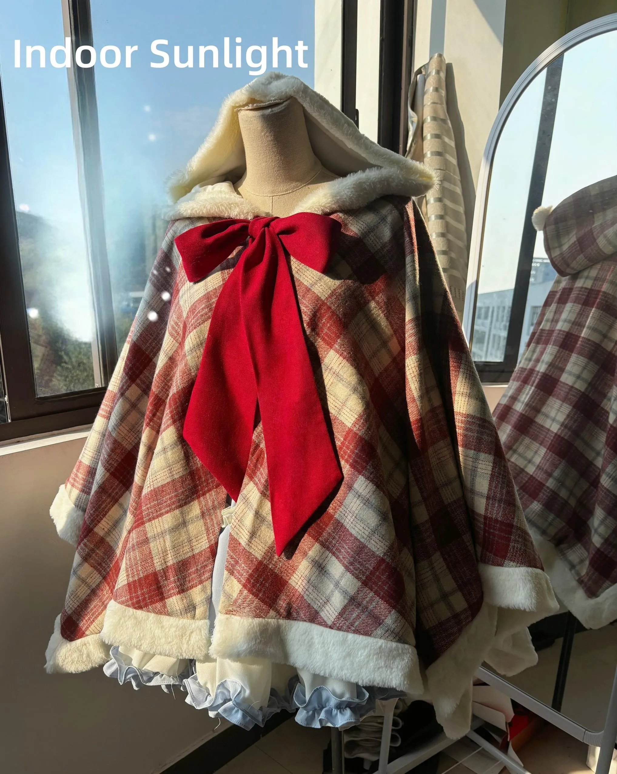 Qianmu~Waffle~Kawaii Lolita Cape Daily Lolita Plaid Hoodie Cloak