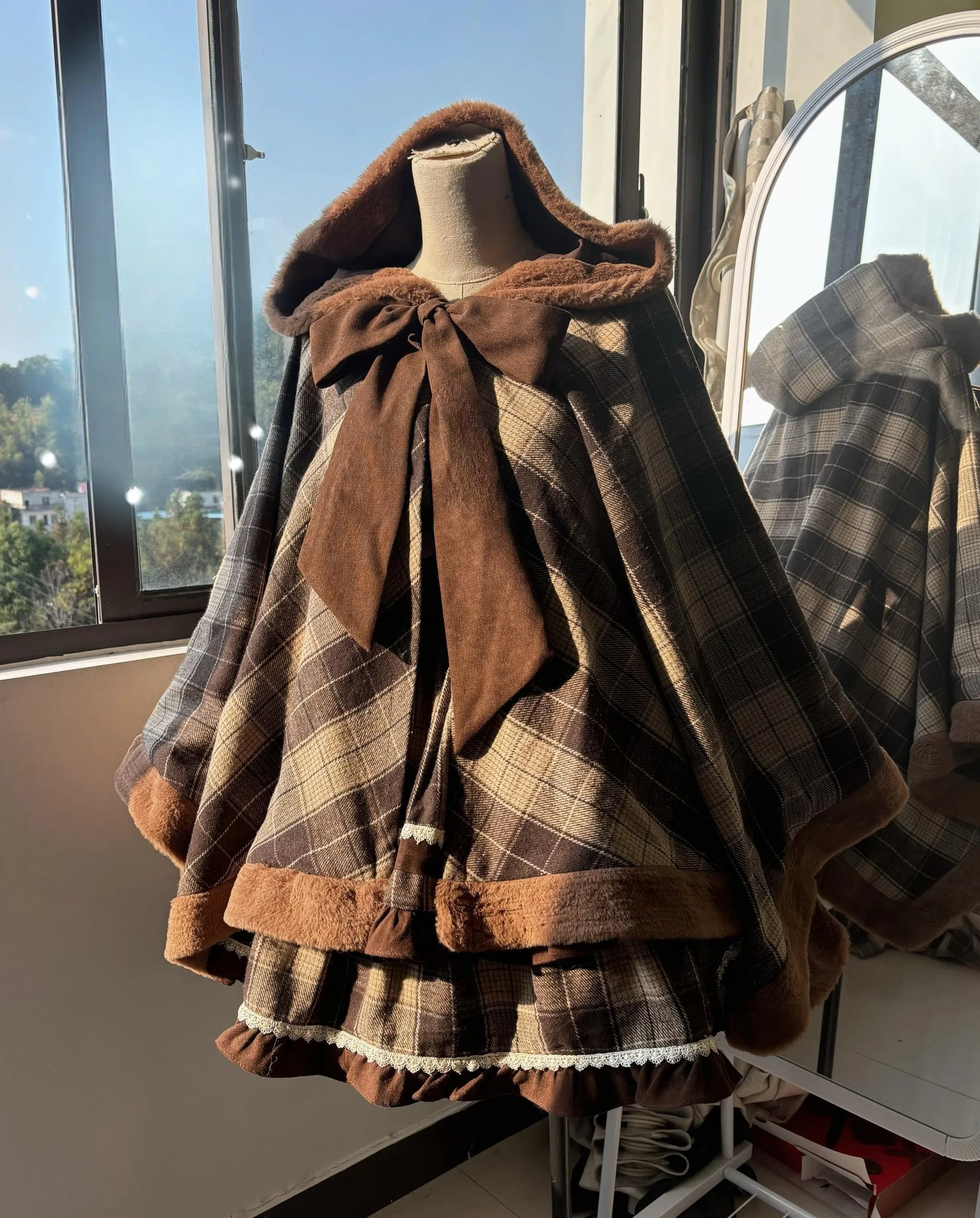 Qianmu~Waffle~Kawaii Lolita Cape Daily Lolita Plaid Hoodie Cloak