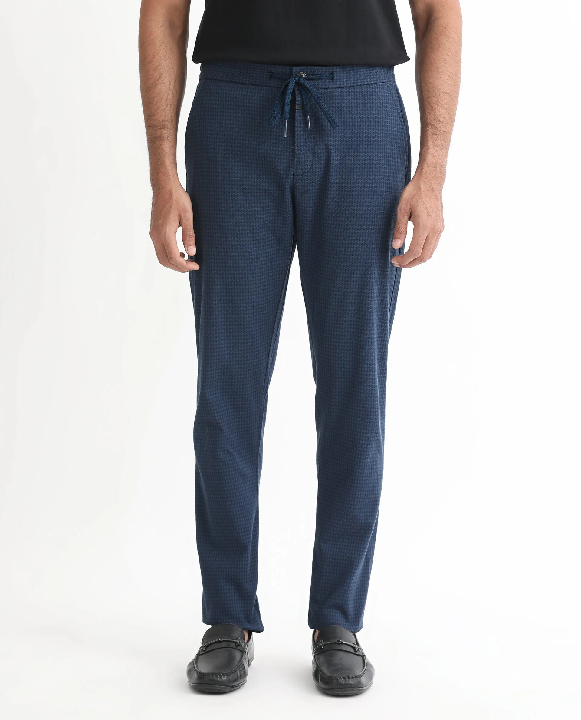 Rare Rabbit Men's Hobbs Petrol Mid-Rise Micro Dobby With Drawstring And Elastic Waistband Regular Fit Trouser