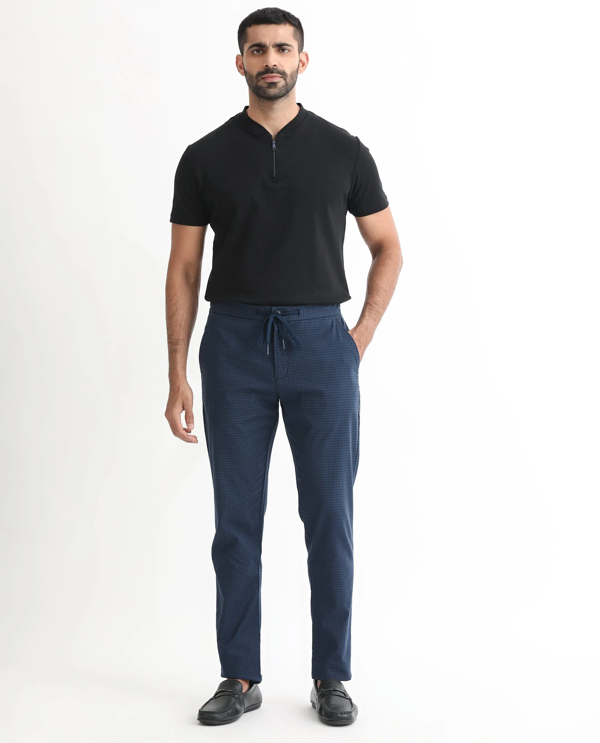 Rare Rabbit Men's Hobbs Petrol Mid-Rise Micro Dobby With Drawstring And Elastic Waistband Regular Fit Trouser