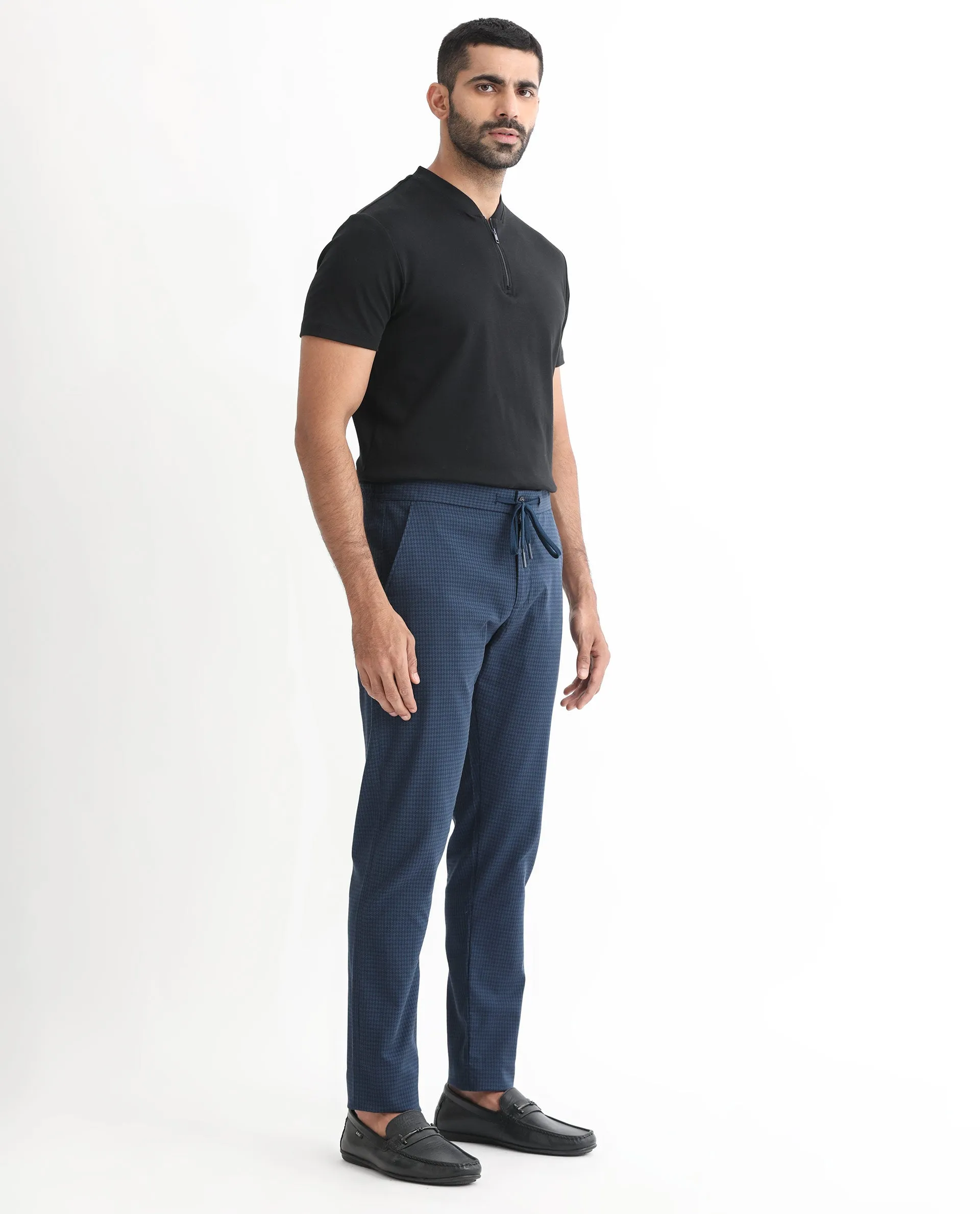 Rare Rabbit Men's Hobbs Petrol Mid-Rise Micro Dobby With Drawstring And Elastic Waistband Regular Fit Trouser