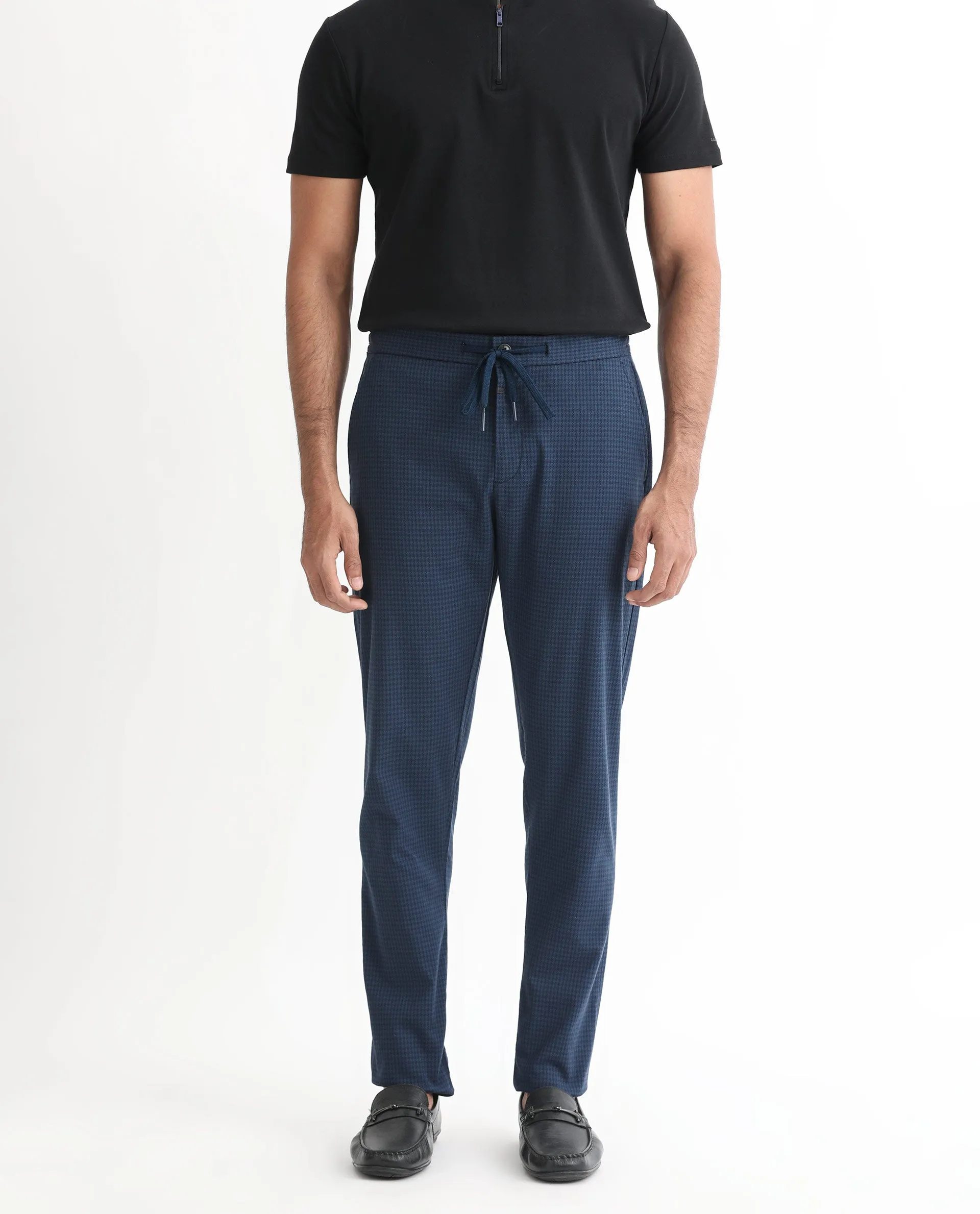 Rare Rabbit Men's Hobbs Petrol Mid-Rise Micro Dobby With Drawstring And Elastic Waistband Regular Fit Trouser