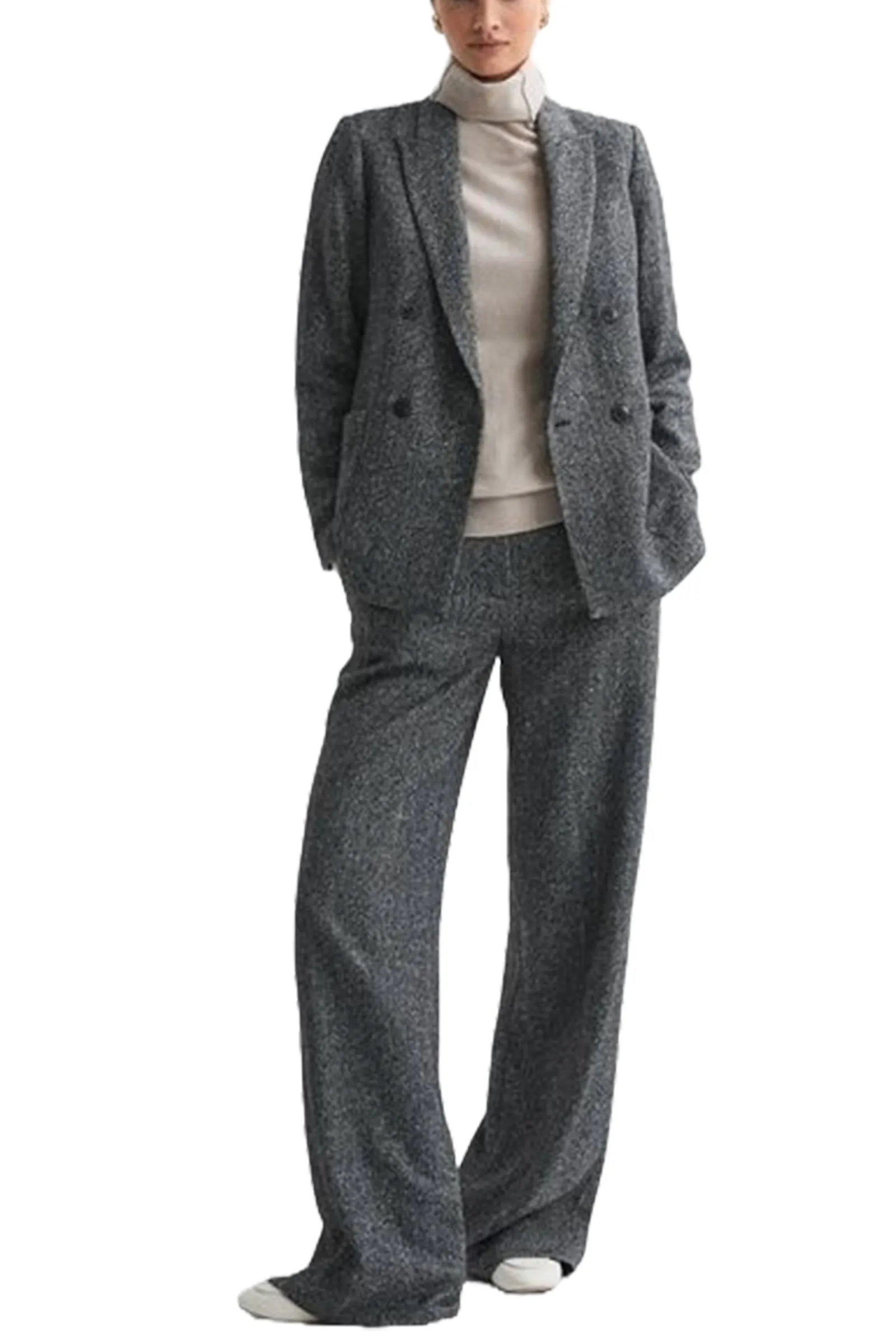 Relaxed Fit Textured Double Breasted Suit Blazer