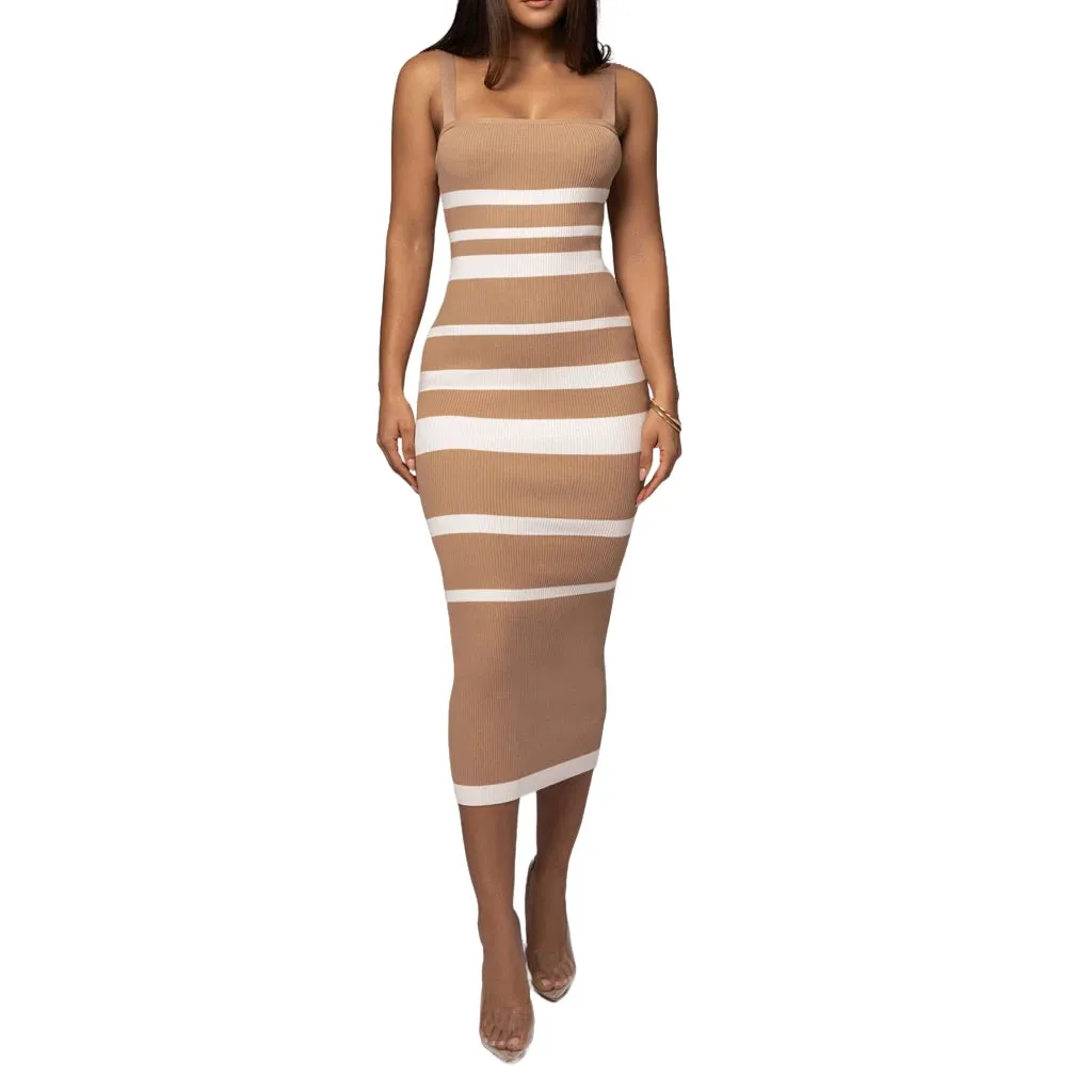 Ribbed Stripe Bodycon Cami Early Fall Midi Dress