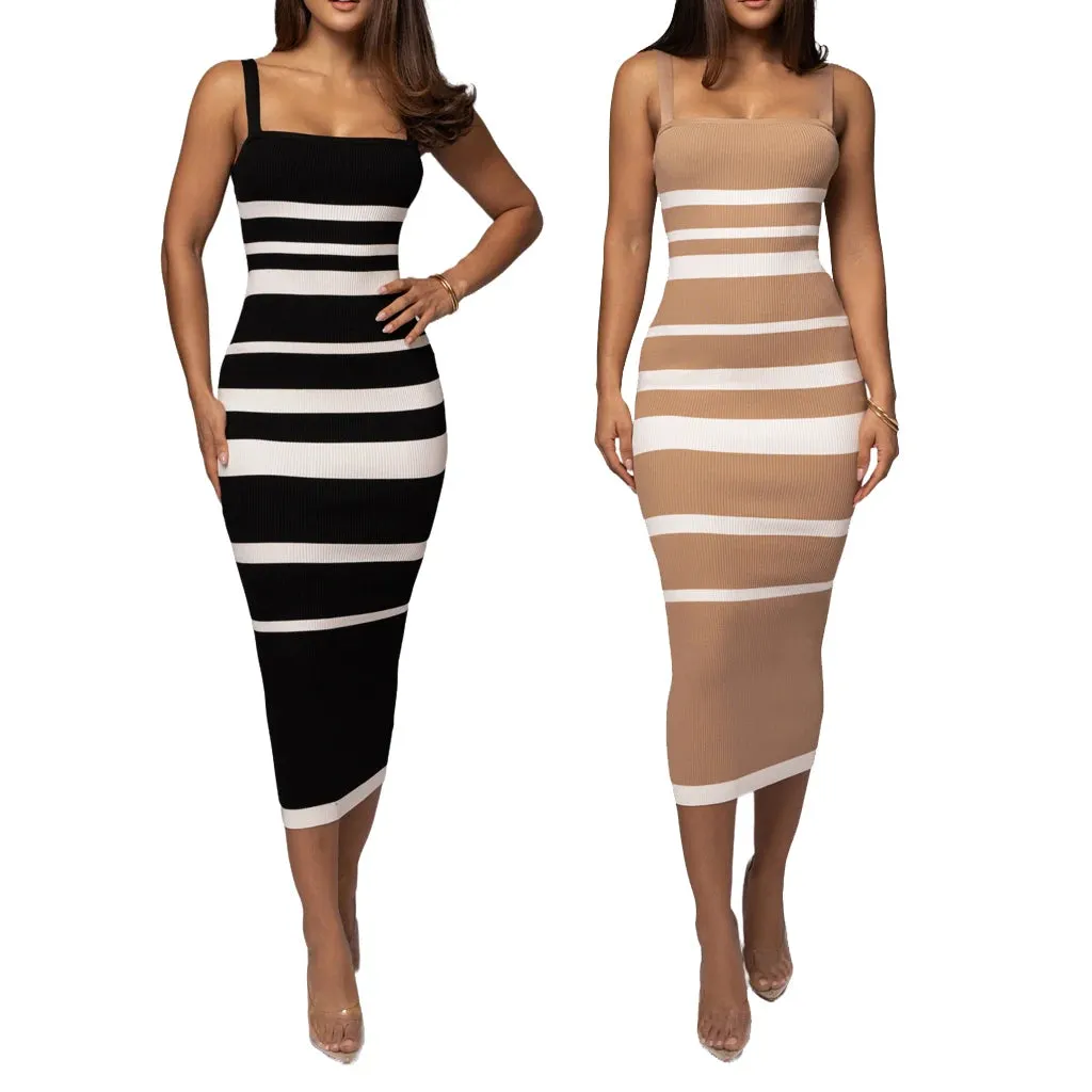 Ribbed Stripe Bodycon Cami Early Fall Midi Dress