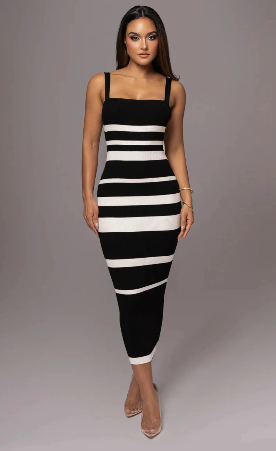 Ribbed Stripe Bodycon Cami Early Fall Midi Dress