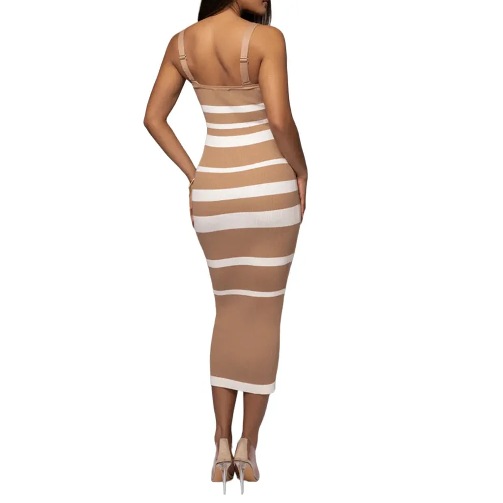 Ribbed Stripe Bodycon Cami Early Fall Midi Dress