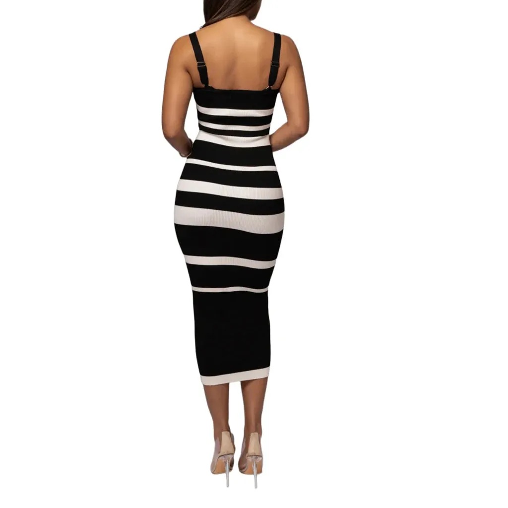 Ribbed Stripe Bodycon Cami Early Fall Midi Dress