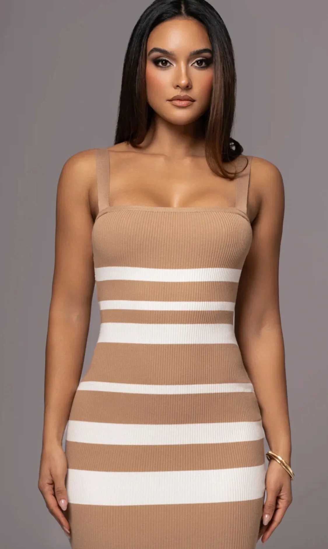 Ribbed Stripe Bodycon Cami Early Fall Midi Dress